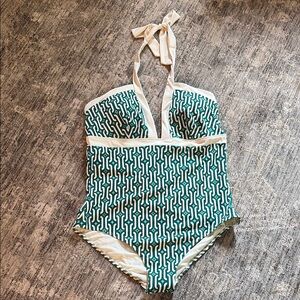 Boden Green and White One Piece Swimwear with Retro Design - NWT - 20-22L